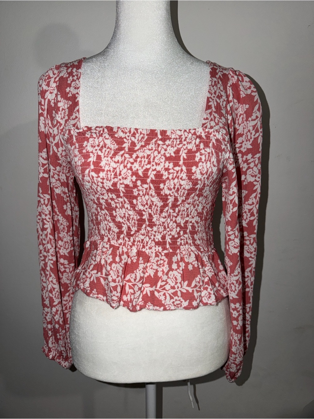 SHEIN Pink & White Floral Smocked Square-Neck Peplum Top